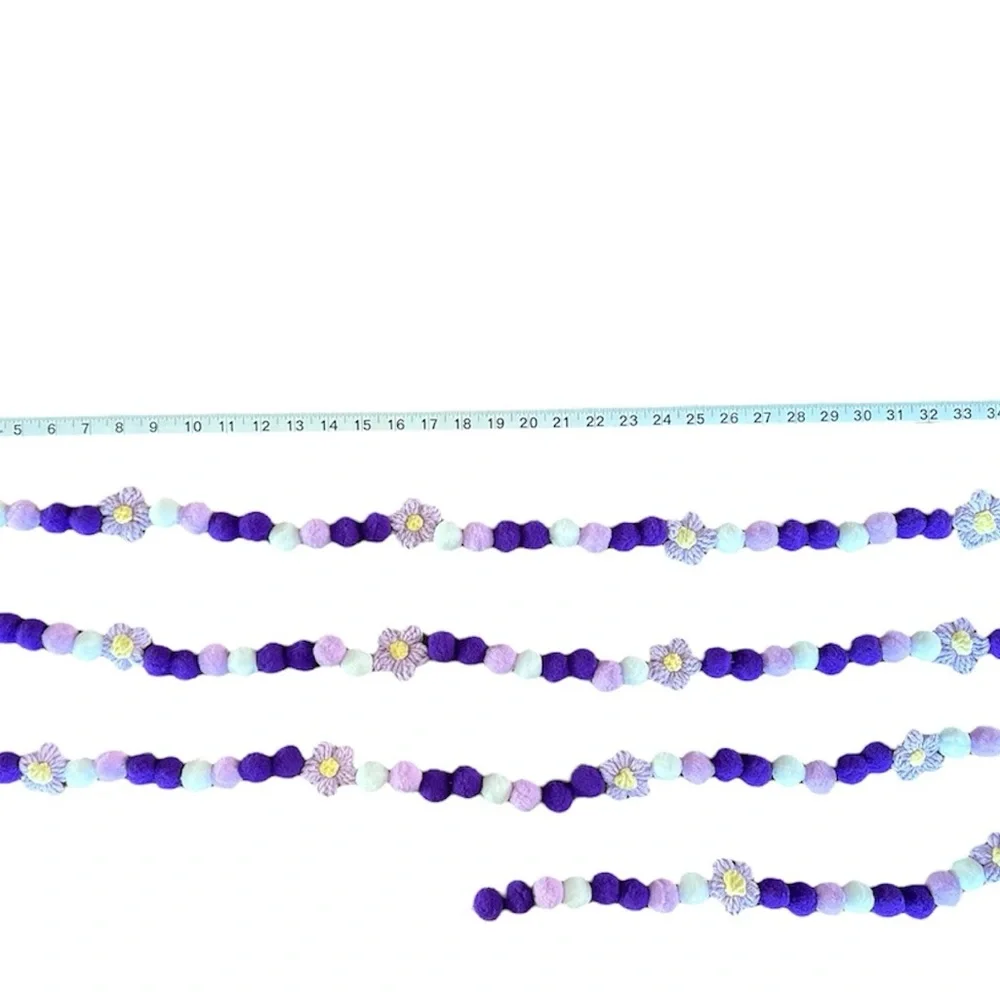 10 ft Valentine's Day Purple Light Purple Floral Pom Pom Garland Handmade Wire